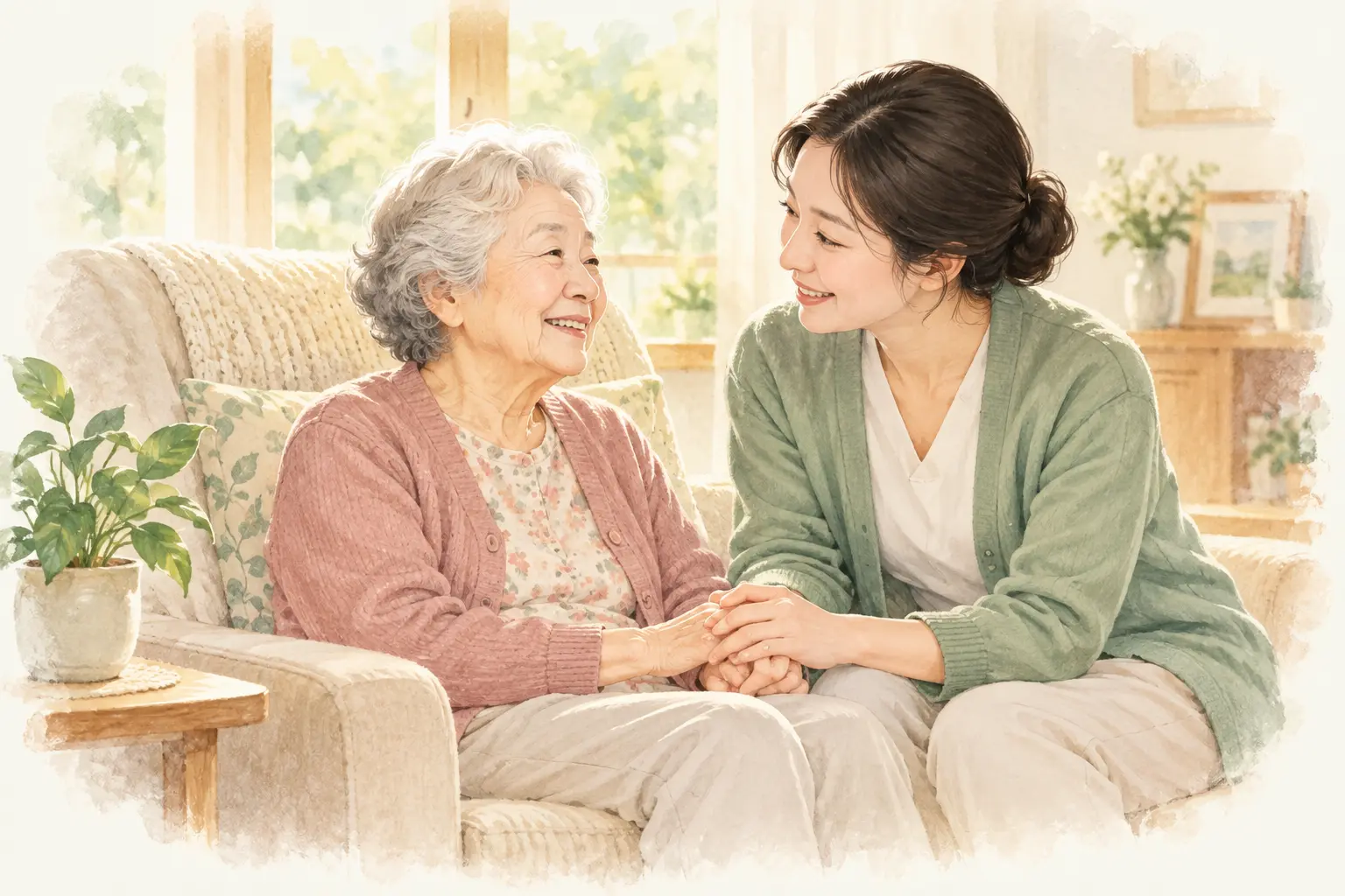 어르신과 돌봄 제공자가 손을 잡고 다정하게 이야기를 나누는 일러스트